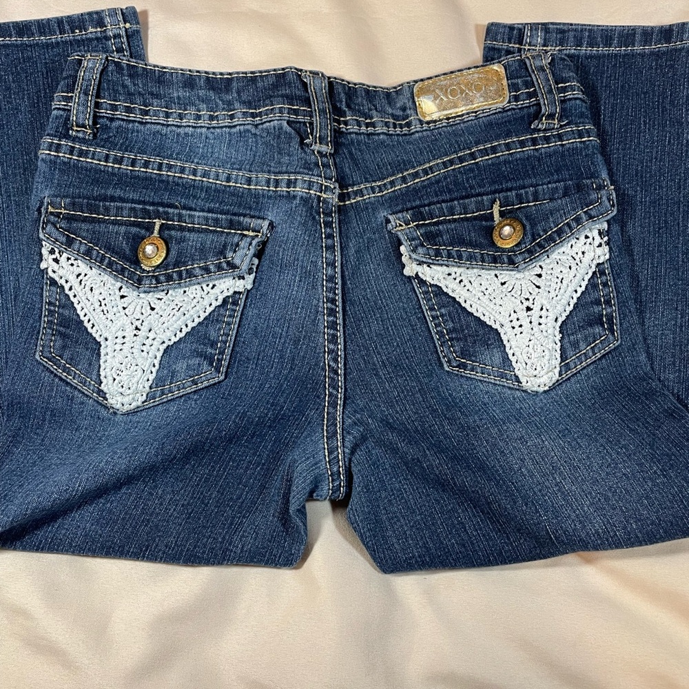 XOXO Girls’ Blue Jeans with Lace Detail Pockets, Size 8